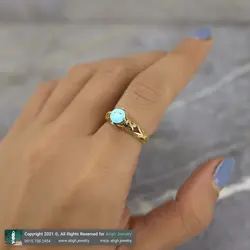 انگشتر فیروزه نیشابوری شجری معدنی خوشرنگ رکاب اسلیمی طرح قلب طلا روسی چهار چنگ
