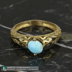 انگشتر فیروزه نیشابوری شجری معدنی با نقش و نگار زیبا خوشرنگ رکاب اسلیمی طرح قلب طلا روسی چهار چنگ