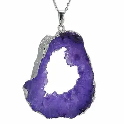 گردنبند ژئود آمتیست معدنی بسیار خوشرنگ بلور معدنی سنگ درمانی تخصصی چاکرای چشم سوم و تاج همراه زنجیر استیل