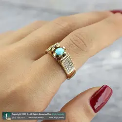 انگشتر فیروزه نیشابوری شجری معدنی با خلوص بالا خوشرنگ رکاب طلا روسی نگین کاری دور چنگ