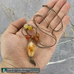 گردنبند مهره لول عقیق سلیمانی زرد تراش لانه زنبوری، عقیق پرتغالی و زرد معدنی بند چرمی طرح بال