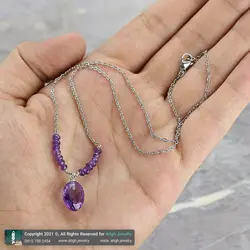 گردنبند لوکس آمتیست تراش برلیانی همراه آمتیست تراش جواهری معدنی شفاف کیفیت عالی زنجیر استیل وزن سنگ 10 قیراط