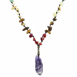 گردنبند هفت سنگ چاکرا معدنی تراش نامنظم و آویز آمتیست نامنظم سری ۴ سنگ های قیمتی بافت گره ای