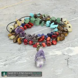 گردنبند هفت سنگ چاکرا معدنی تراش نامنظم و آویز آمتیست نامنظم سری ۴ سنگ های قیمتی بافت گره ای