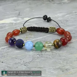 دستبند هفت سنگ چاکرا طبیعی همراه عقیق سرخ تراش هلی معدنی سری سنگ های قیمتی بافت کشویی