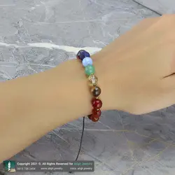 دستبند هفت سنگ چاکرا طبیعی همراه عقیق سرخ تراش هلی معدنی سری سنگ های قیمتی بافت کشویی