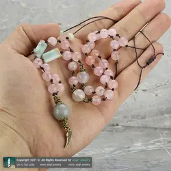 گردنبند آویز گوی عقیق رنگ خاص، آمازونیت مستطیلی، عقیق شجری و کوارتز صورتی (رز کوارتز) معدنی بافت گره ای
