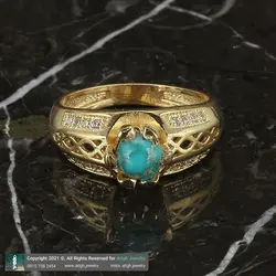 انگشتر فیروزه نیشابوری شجری معدنی با نقش و نگار خاص خوشرنگ رکاب طلا روس نگین کاری دور چنگ