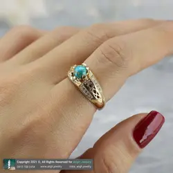 انگشتر فیروزه نیشابوری شجری معدنی با نقش و نگار خاص خوشرنگ رکاب طلا روس نگین کاری دور چنگ