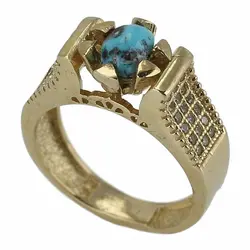 انگشتر فیروزه نیشابوری شجری معدنی با نقش و نگار زیبا خوشرنگ رکاب طلا روسی نگین کاری دور چنگ