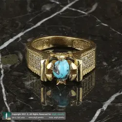 انگشتر فیروزه نیشابوری شجری معدنی با نقش و نگار زیبا خوشرنگ رکاب طلا روسی نگین کاری دور چنگ