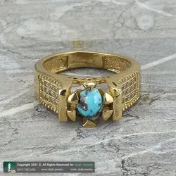 انگشتر فیروزه نیشابوری شجری معدنی با نقش و نگار زیبا خوشرنگ رکاب طلا روسی نگین کاری دور چنگ