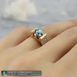 انگشتر فیروزه نیشابوری شجری معدنی با نقش و نگار زیبا خوشرنگ رکاب طلا روسی نگین کاری دور چنگ