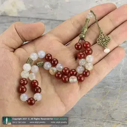 تسبیح میکس عقیق سرخ خوشرنگ و عقیق شجری با نقش و نگار زیبا 33 دانه دستساز طراحی اسلیمی