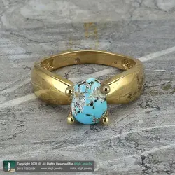 انگشتر فیروزه نیشابوری شجری معدنی با نقش و نگار زیبا خوشرنگ رکاب طلا روسی چهار چنگ