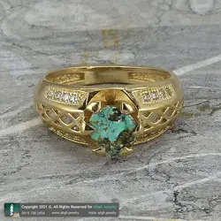 انگشتر فیروزه نیشابوری شجری معدنی خوشرنگ رکاب طلا روس نگین کاری دور چنگ