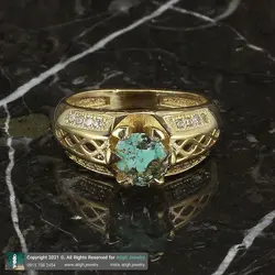 انگشتر فیروزه نیشابوری شجری معدنی خوشرنگ رکاب طلا روس نگین کاری دور چنگ