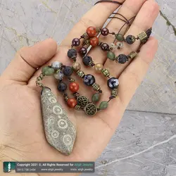 گردنبند تمام سنگ آویز هبهاب با نقوش خاص، شاه مقصود افغان، عقیق شجر، لاوا، جاسپر سرخ، عقیق ابلق، جاسپر مریم و یاقوت گارنت معدنی بافت گره ای