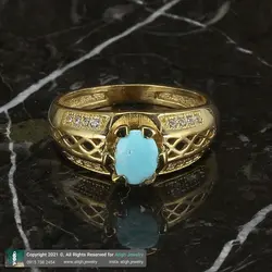 انگشتر فیروزه نیشابوری عجمی معدنی خوشرنگ رکاب طلا روس نگین کاری دور چنگ