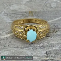 انگشتر فیروزه نیشابوری عجمی معدنی خوشرنگ رکاب طلا روس نگین کاری دور چنگ