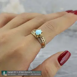 انگشتر فیروزه نیشابوری عجمی معدنی خوشرنگ رکاب طلا روس نگین کاری دور چنگ
