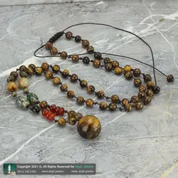 گردنبند گوی چشم ببر، عقیق سرخ واشری، عقیق تبتی هلی نقش چشم و چشم ببر مهره ای معدنی بافت گره ای