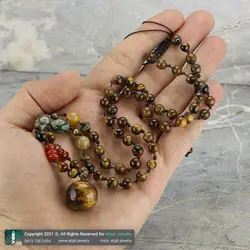 گردنبند گوی چشم ببر، عقیق سرخ واشری، عقیق تبتی هلی نقش چشم و چشم ببر مهره ای معدنی بافت گره ای