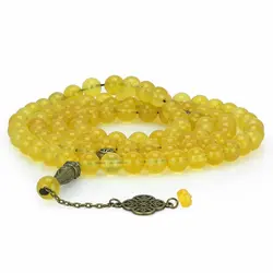 تسبیح و گردنبند عقیق زرد شفاف معدنی خوشرنگ 101 دانه دستساز اسلیمی