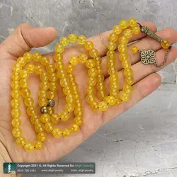 تسبیح و گردنبند عقیق زرد شفاف معدنی خوشرنگ 101 دانه دستساز اسلیمی