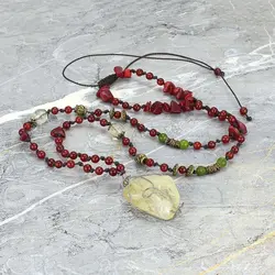 گردنبند تمام سنگ سیترین راف (تراش نخورده)، عقیق سرخ با کیفیت عالی، یشم کانادایی و مرجان نامنظم طبیعی بافت گره ای