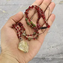 گردنبند تمام سنگ سیترین راف (تراش نخورده)، عقیق سرخ با کیفیت عالی، یشم کانادایی و مرجان نامنظم طبیعی بافت گره ای