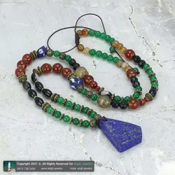 گردنبند تمام سنگ لاجورد افغان مرغوب تراش چندوجهی، جید سبز، عقیق سلیمانی و سرخ، ابسیدین آبی و عقیق سیاه تراش دار معدنی بافت کشویی