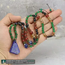 گردنبند تمام سنگ لاجورد افغان مرغوب تراش چندوجهی، جید سبز، عقیق سلیمانی و سرخ، ابسیدین آبی و عقیق سیاه تراش دار معدنی بافت کشویی