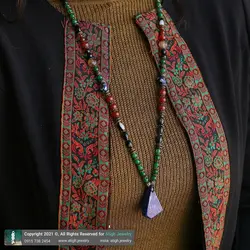 گردنبند تمام سنگ لاجورد افغان مرغوب تراش چندوجهی، جید سبز، عقیق سلیمانی و سرخ، ابسیدین آبی و عقیق سیاه تراش دار معدنی بافت کشویی