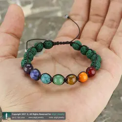دستبند هفت سنگ چاکرا معدنی همراه لاوا سبز طبیعی بسیار خاص سری 5 دور بافت کشویی