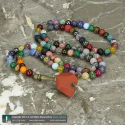 تسبیح و گردنبند لوکس احجار الشفا (سنگ درمانی) 43 نوع سنگ، هفت سنگ چاکرا، حدید محافظ هاله انرژی 101 دانه دستساز با شیخک جاسپر سرخ راف معدنی