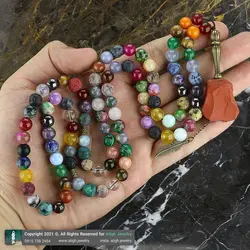 تسبیح و گردنبند لوکس احجار الشفا (سنگ درمانی) 43 نوع سنگ، هفت سنگ چاکرا، حدید محافظ هاله انرژی 101 دانه دستساز با شیخک جاسپر سرخ راف معدنی