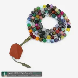 تسبیح و گردنبند لوکس احجار الشفا (سنگ درمانی) 43 نوع سنگ، هفت سنگ چاکرا، حدید محافظ هاله انرژی 101 دانه دستساز با شیخک جاسپر سرخ راف معدنی