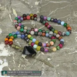 تسبیح و گردنبند لوکس احجار الشفا (سنگ درمانی) 43 نوع سنگ، هفت سنگ چاکرا، حدید محافظ هاله انرژی 101 دانه دستساز با شیخک تورمالین سیاه راف معدنی