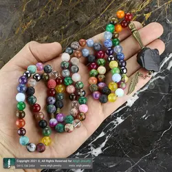 تسبیح و گردنبند لوکس احجار الشفا (سنگ درمانی) 43 نوع سنگ، هفت سنگ چاکرا، حدید محافظ هاله انرژی 101 دانه دستساز با شیخک تورمالین سیاه راف معدنی