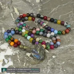 تسبیح و گردنبند لوکس احجار الشفا (سنگ درمانی) 43 نوع سنگ، هفت سنگ چاکرا، حدید محافظ هاله انرژی 101 دانه دستساز با شیخک لابرادوریت راف معدنی
