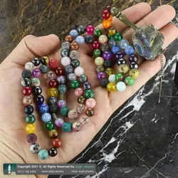 تسبیح و گردنبند لوکس احجار الشفا (سنگ درمانی) 43 نوع سنگ، هفت سنگ چاکرا، حدید محافظ هاله انرژی 101 دانه دستساز با شیخک لابرادوریت راف معدنی