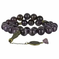 تسبیح لوکس آمتیست معدنی ارغوانی بسیار با کیفیت اکسیر آرامش و خوشرنگ 33 دانه درشت دستساز اسلیمی