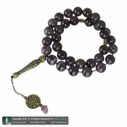 تسبیح لوکس آمتیست معدنی ارغوانی بسیار با کیفیت اکسیر آرامش و خوشرنگ 33 دانه درشت دستساز اسلیمی