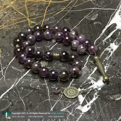 تسبیح لوکس آمتیست معدنی ارغوانی بسیار با کیفیت اکسیر آرامش و خوشرنگ 33 دانه درشت دستساز اسلیمی