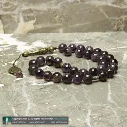 تسبیح لوکس آمتیست معدنی ارغوانی بسیار با کیفیت اکسیر آرامش و خوشرنگ 33 دانه درشت دستساز اسلیمی