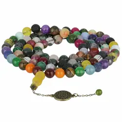 تسبیح و گردنبند لوکس احجار الشفا 43 نوع سنگ، هفت سنگ چاکرا، حدید محافظ هاله انرژی 101 دانه دستساز با شیخک عقیق زرد حکاکی شرف الشمس و تک مهره یشم معدنی