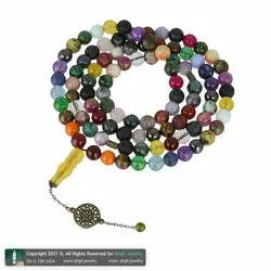 تسبیح و گردنبند لوکس احجار الشفا 43 نوع سنگ، هفت سنگ چاکرا، حدید محافظ هاله انرژی 101 دانه دستساز با شیخک عقیق زرد حکاکی شرف الشمس و تک مهره یشم معدنی