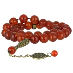 تسبیح عقیق سرخ معدنی شفاف درجه کیفی عالی 33 دانه دستساز طرح اسلیمی