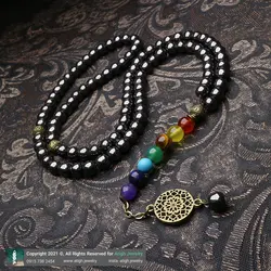 تسبیح حدید صینی 101 دانه دستساز با شیخک هفت سنگ چاکرا معدنی و محافظ هاله انرژی طراحی اسلیمی